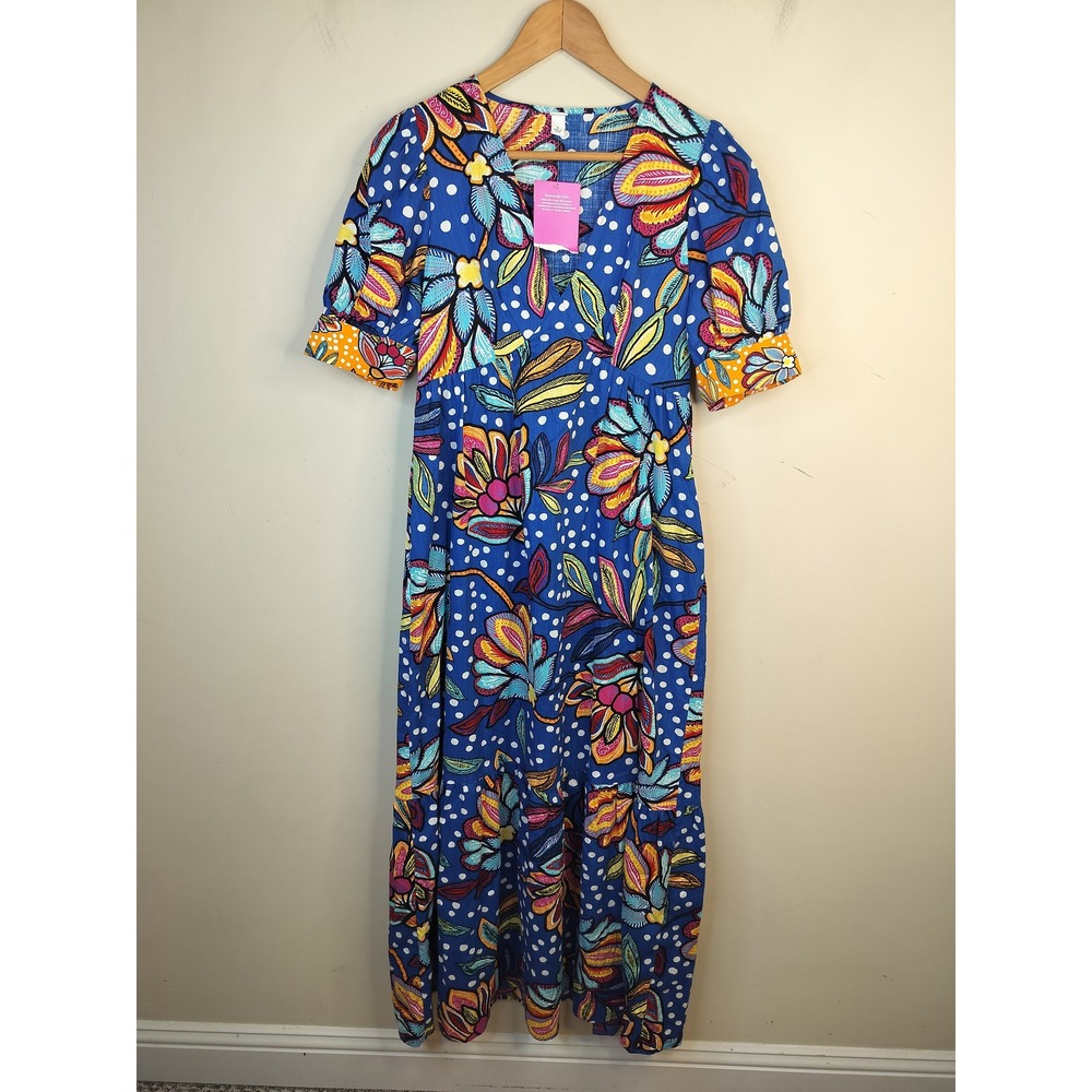 Tabitha Brown Floral Polka Dot Maxi Dress Womens 4 Puff Sleeve Bold Tropical NEW